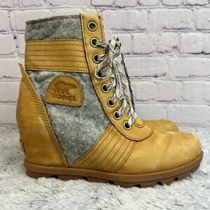 Sorel Lexie Wedge Waterproof Ankle Boots Camel Brown Gray Felt Women's 9.5